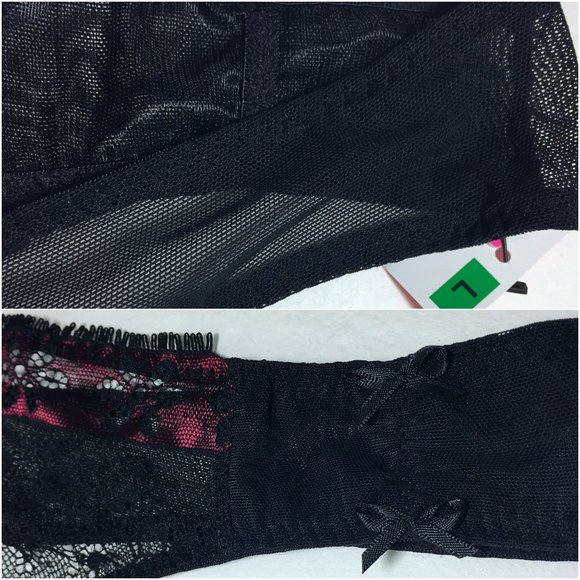 NWT! 3 PC SET  Bra, Thong & Garter Black Rose Lace w Pink Satin - Picture 8 of 14